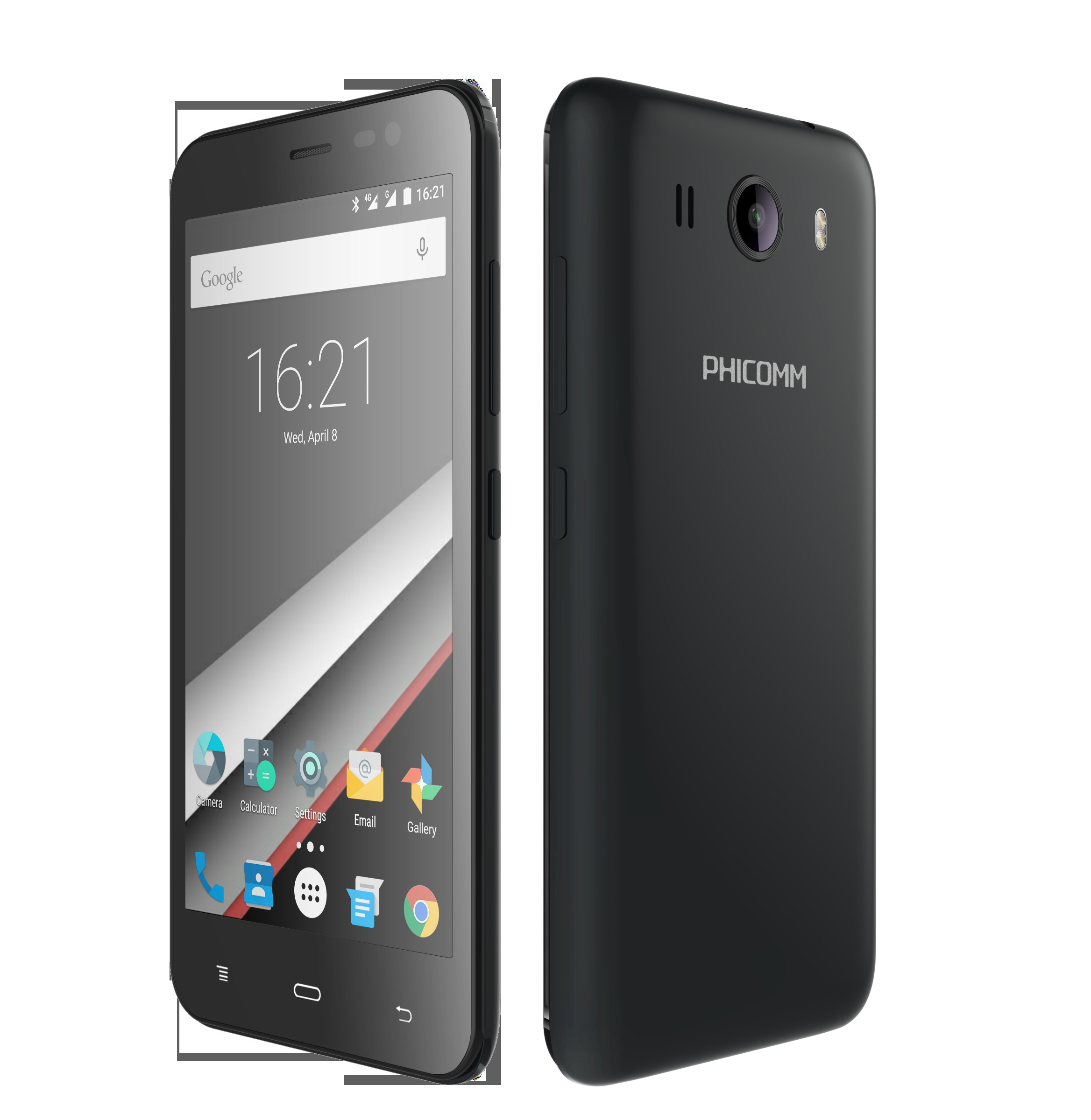 Schwarzes Smartphone, Vorder- und Rückansicht, mit einem Bildschirm, der eine Benutzeroberfläche und das Google-Logo zeigt.