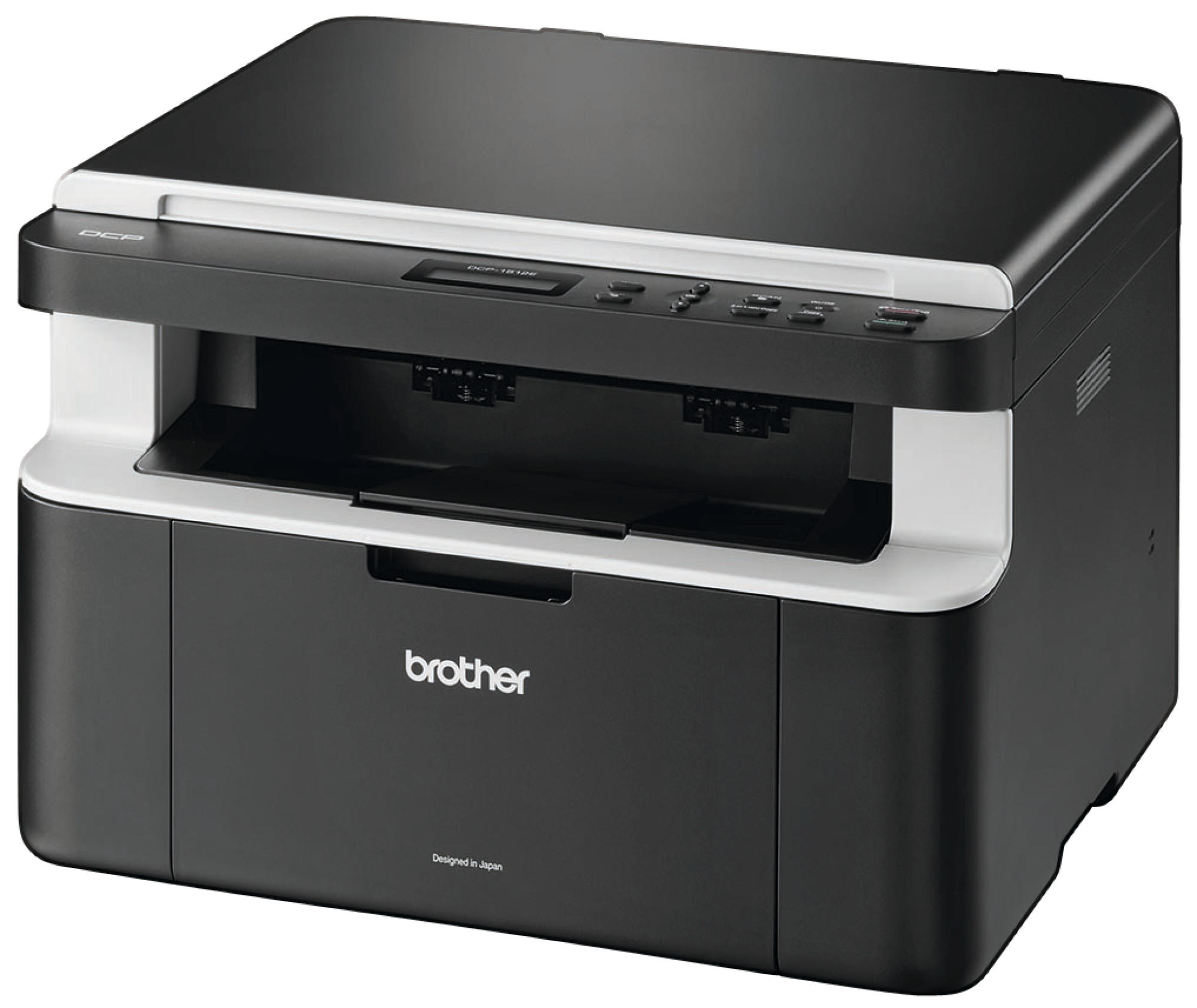 Czarno-biała drukarka. Marka to 'brother'. Widoczny tekst 'Designed in Japan'.