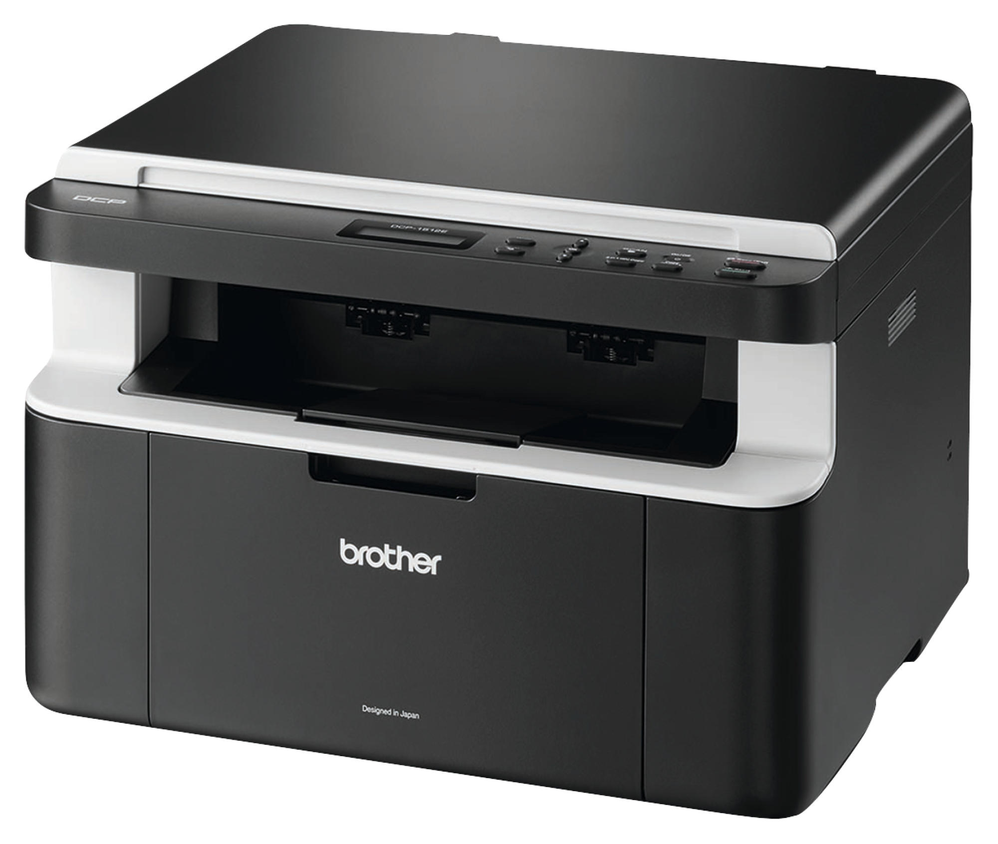 Drukarka Brother DCP. Czarno-biały design, z białą górą. Zaprojektowano w Japonii.