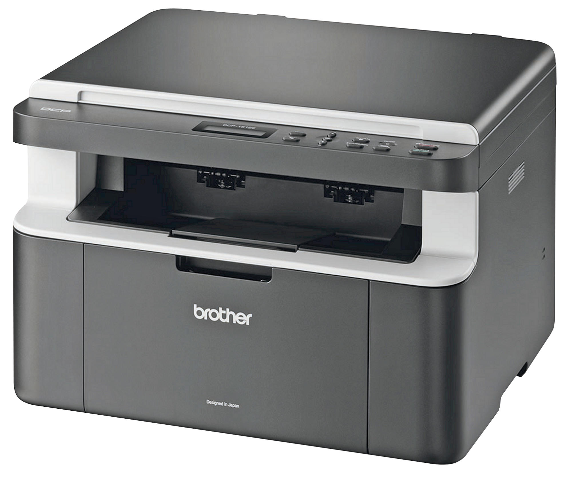 Czarno-szara drukarka Brother, białe akcenty, nazwa modelu 'DCP-1616W' i logo Brother.