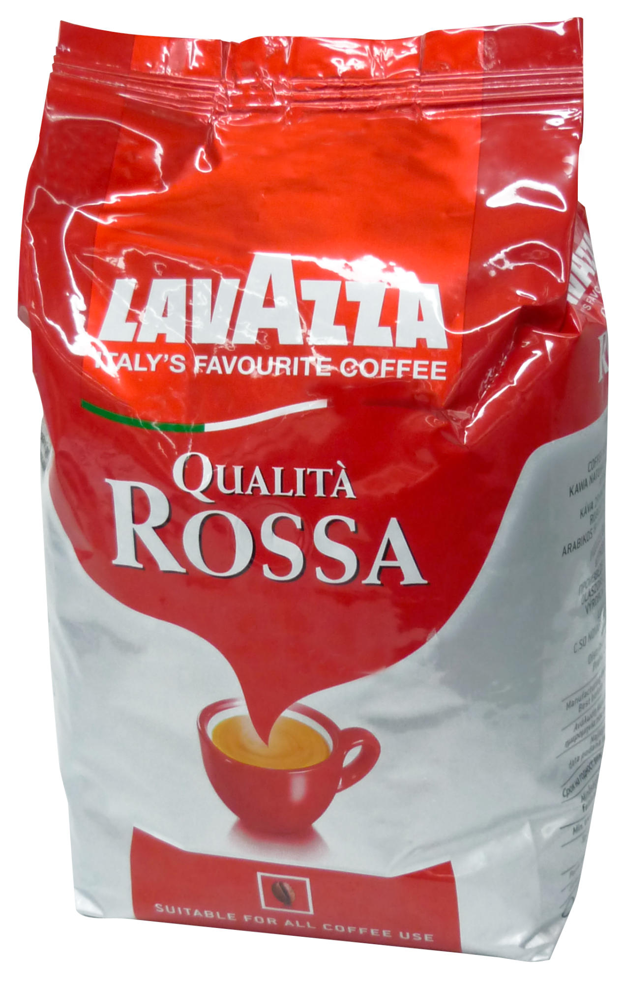 Czerwono-biała torba kawy Lavazza z grafiką filiżanki i tekstem.