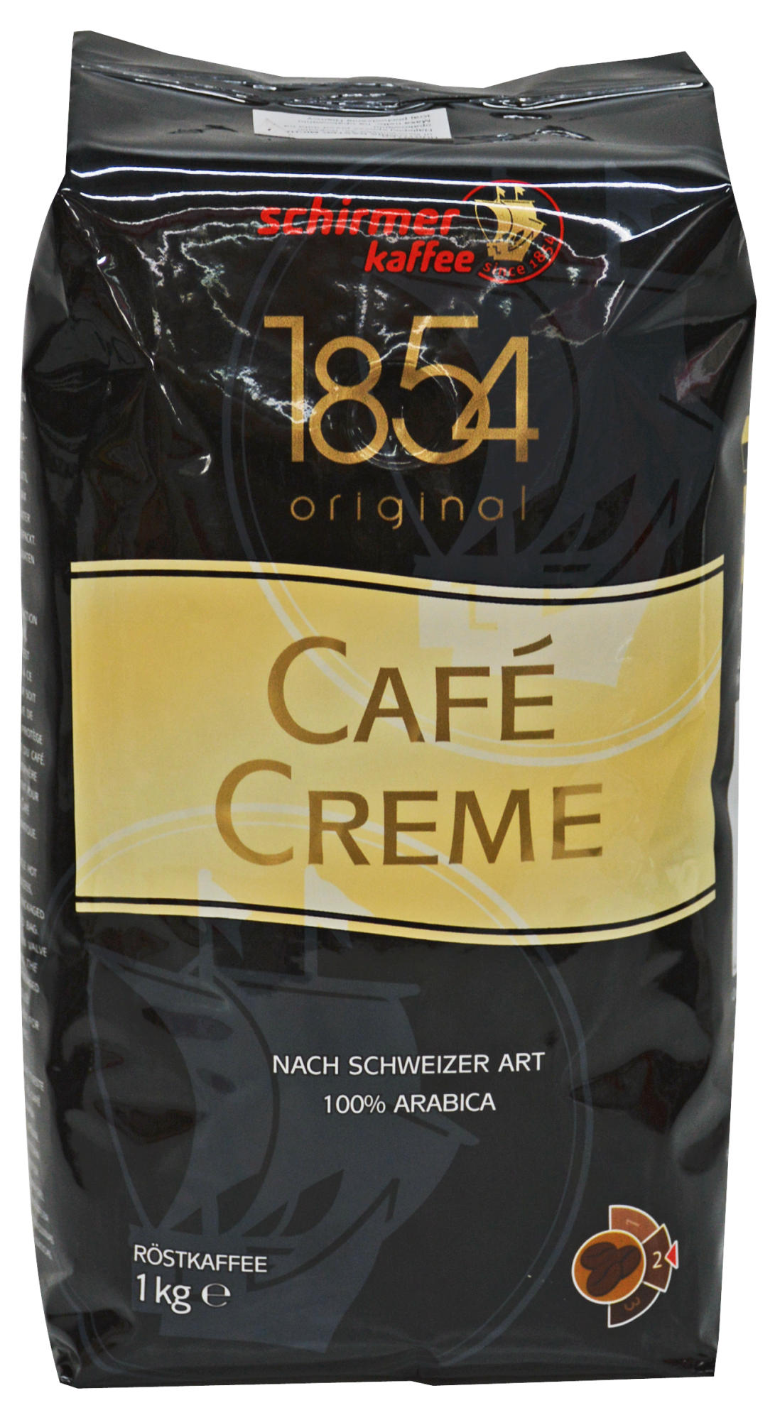 Czarny worek z kawą z napisem 'Café Creme' na złotej etykiecie. Z nazwą marki i pochodzeniem.