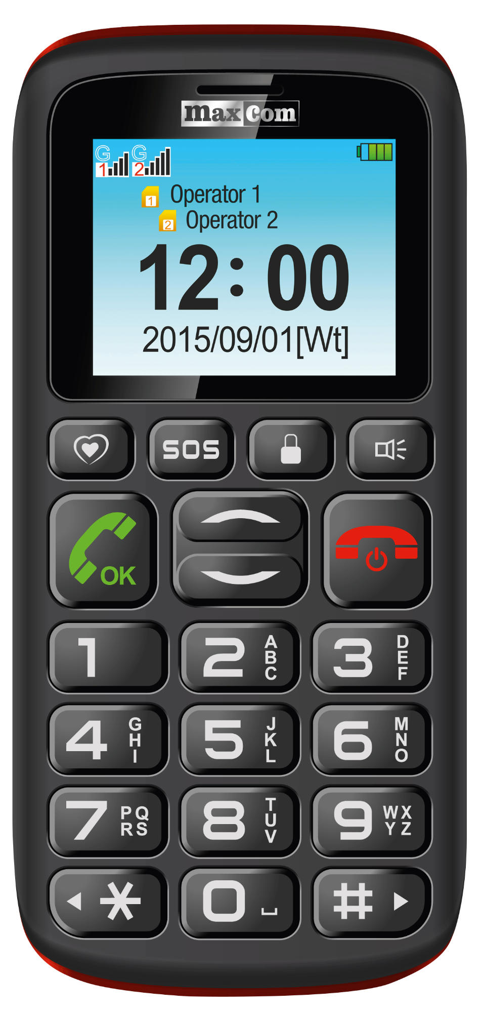 Czarno-czerwony telefon komórkowy. Duże przyciski. Wyświetlacz pokazuje godzinę, datę i sygnał. Marka to MaxCom.