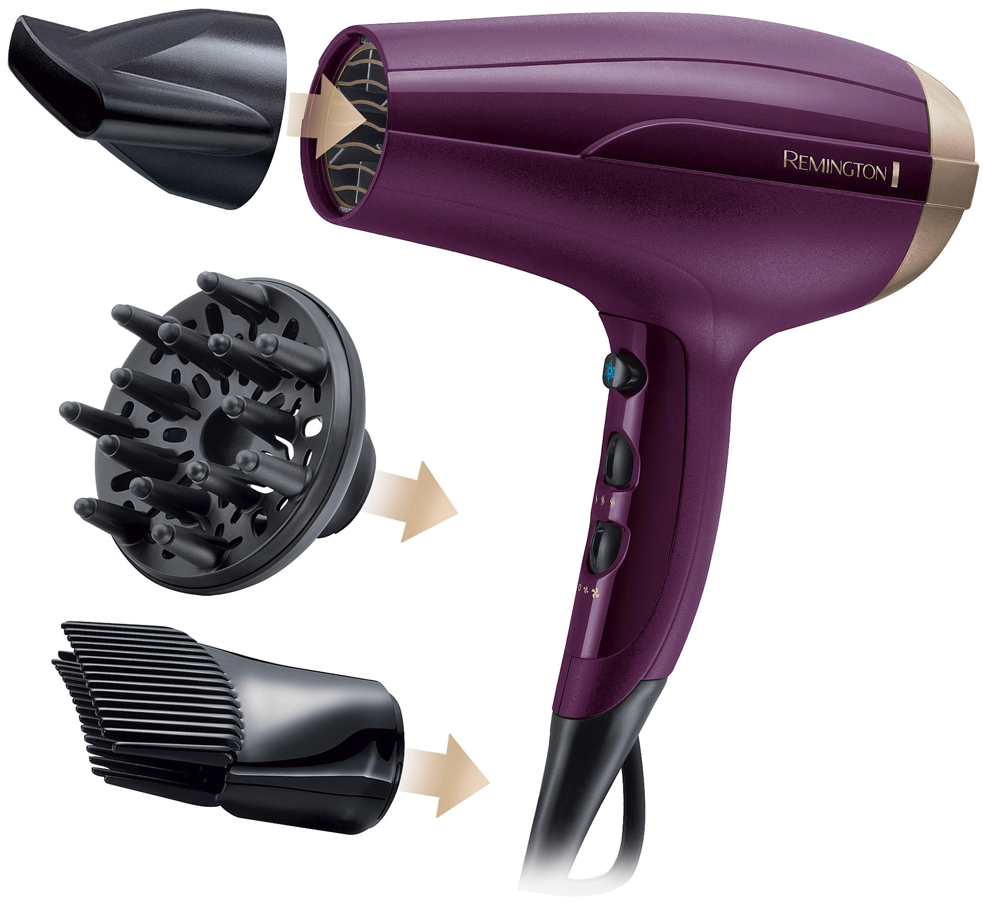 Fioletowa suszarka do włosów z trzema nasadkami: dyszą, dyfuzorem, koncentratorem.