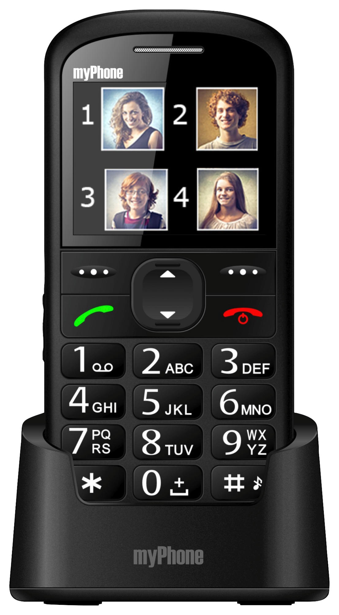 Czarny smartfon z dużymi przyciskami, czterema zdjęciami kontaktów i stacją ładującą.