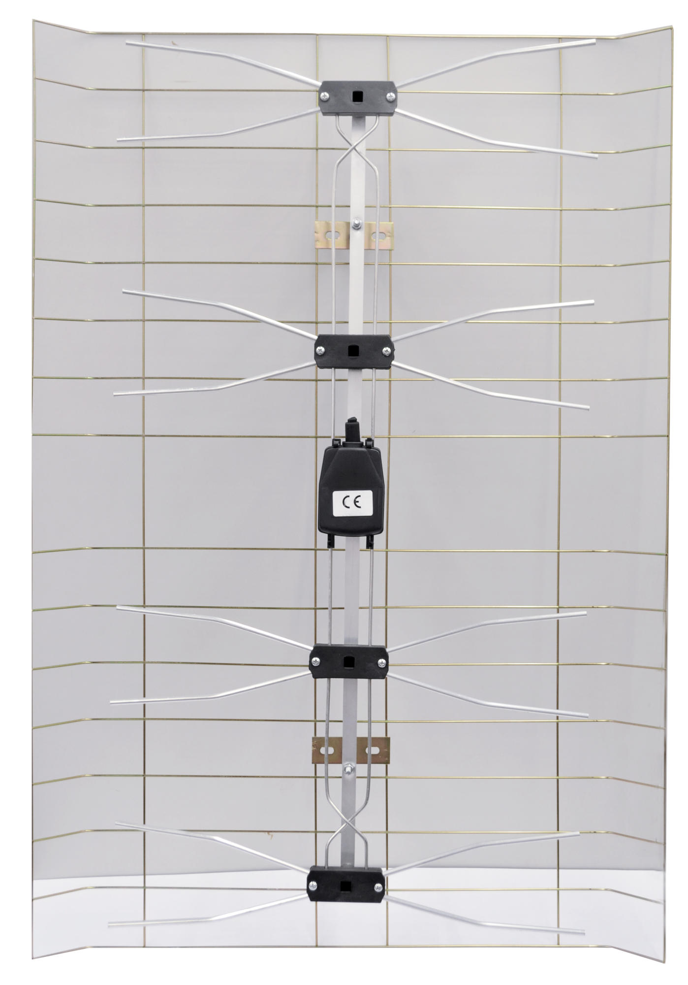 Biała i srebrna prostokątna antena telewizyjna. Posiada wiele poziomych i pionowych prętów.