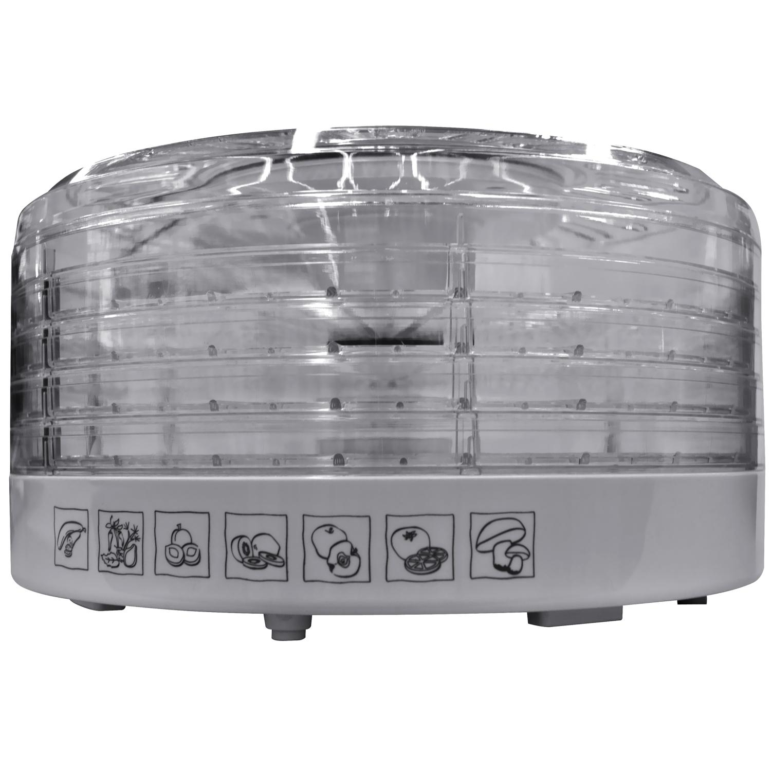 Suszarka do żywności z kilkoma przezroczystymi tacami.