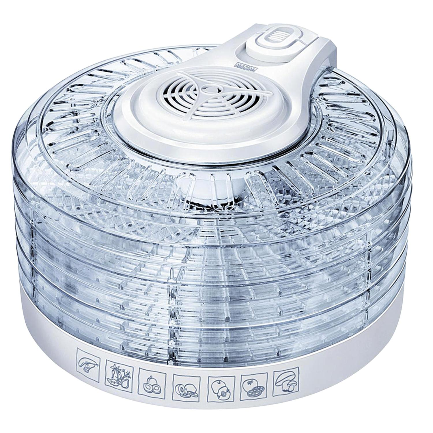 Biała suszarka do żywności. Okrągła konstrukcja z przezroczystymi tacami i białą górą z elementami sterującymi.