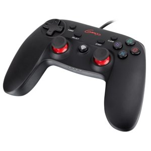 Czarny gamepad z czerwonymi przyciskami i krzyżakiem, na białym tle.