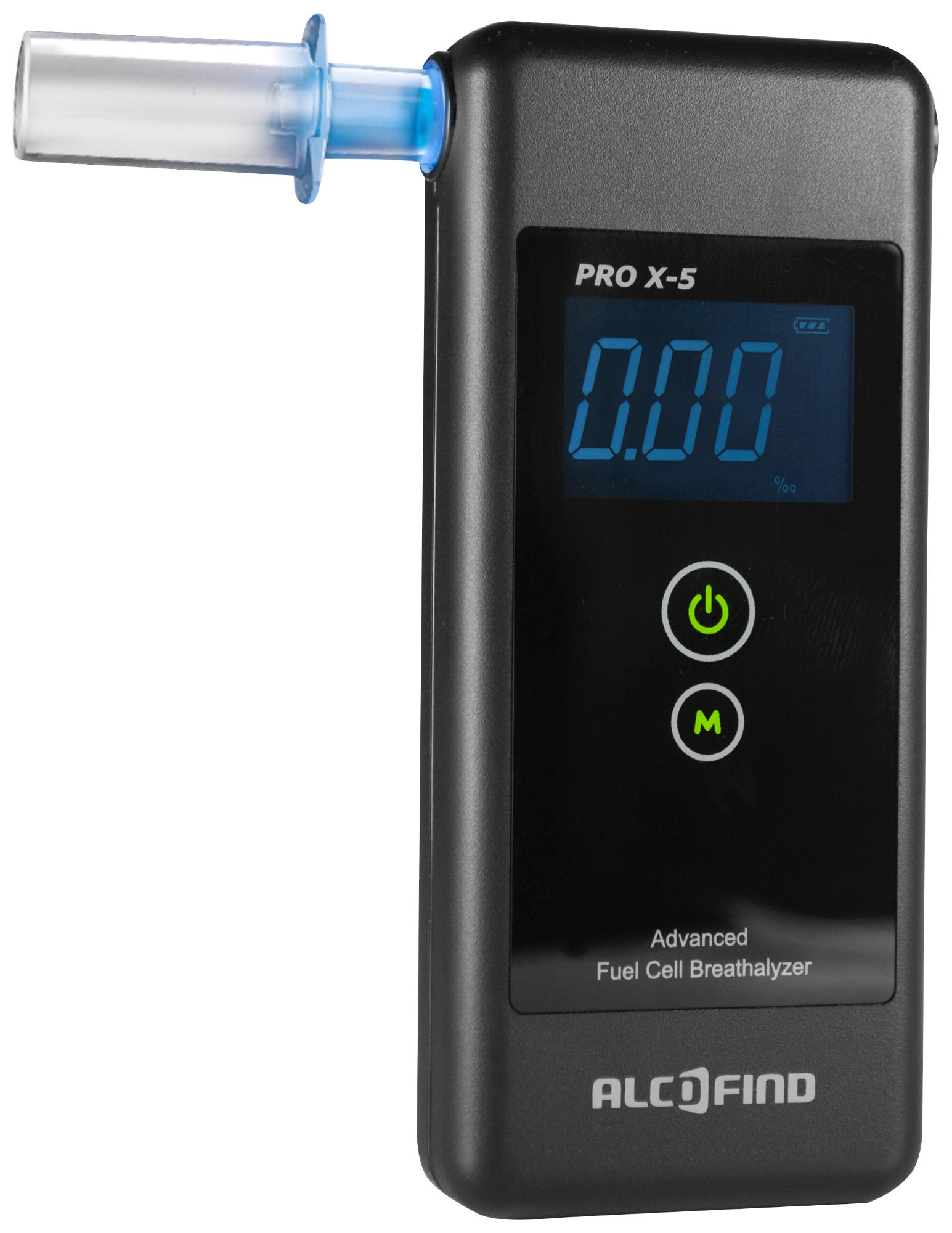 Czarny alkomat z wyświetlaczem cyfrowym pokazującym 0,00, z przyciskami zasilania i menu.