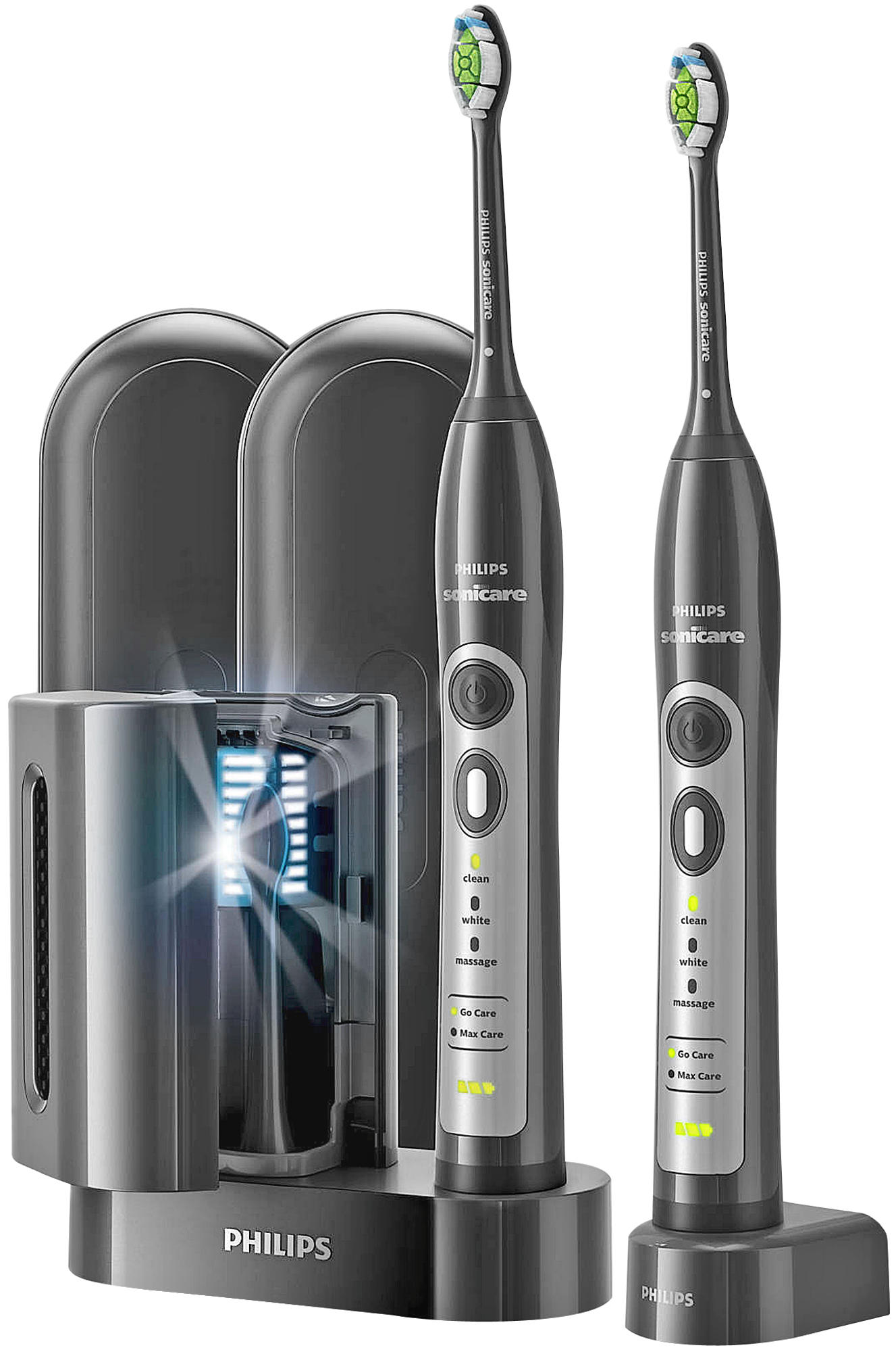 Dwie elektryczne szczoteczki do zębów z ładowarką. Stacja ładująca i dwie szczoteczki są na białym tle.