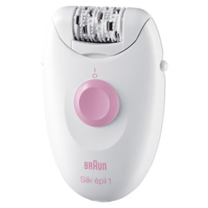 Biały depilator Braun Silk-épil 1 z okrągłym różowym przyciskiem zasilania na białym tle.