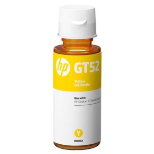 Żółta butelka z tuszem HP GT52 z logo HP i informacjami o produkcie.