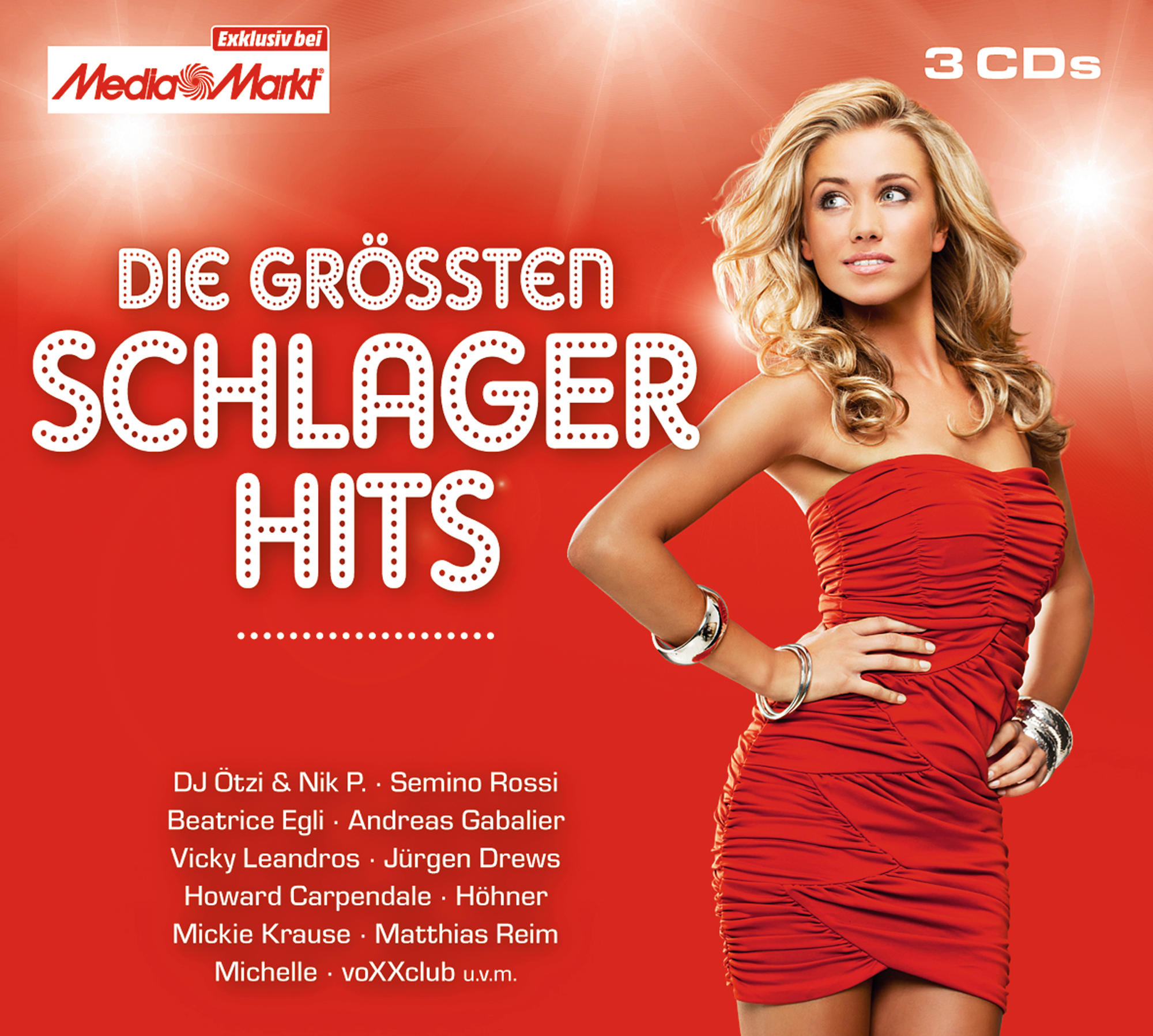 Albumcover für 'Die Grössten Schlager Hits'. Eine Frau in einem roten Kleid. Roter Hintergrund. Media Markt Logo.