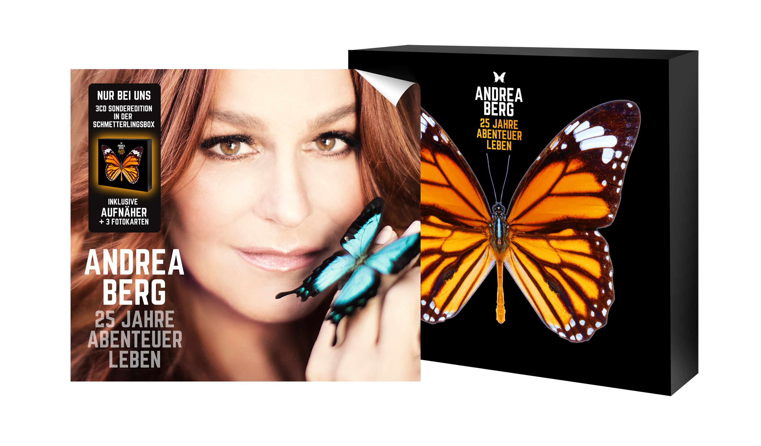 Box-Set, Künstlerin Andrea Berg. Zeigt ihr Gesicht und ein Schmetterlingsbild. Text: '25 Jahre Abenteuer Leben'.