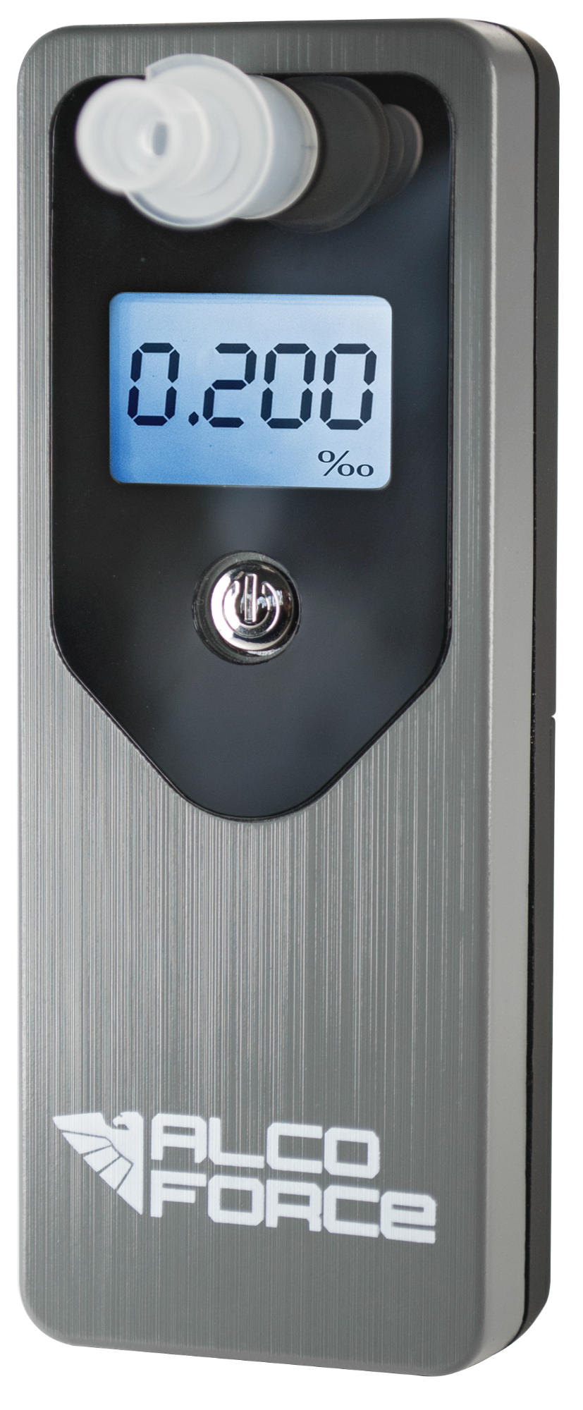 Alkomat pokazujący 0,200% zawartości alkoholu. Posiada wyświetlacz cyfrowy, przycisk i logo AlcoForce.