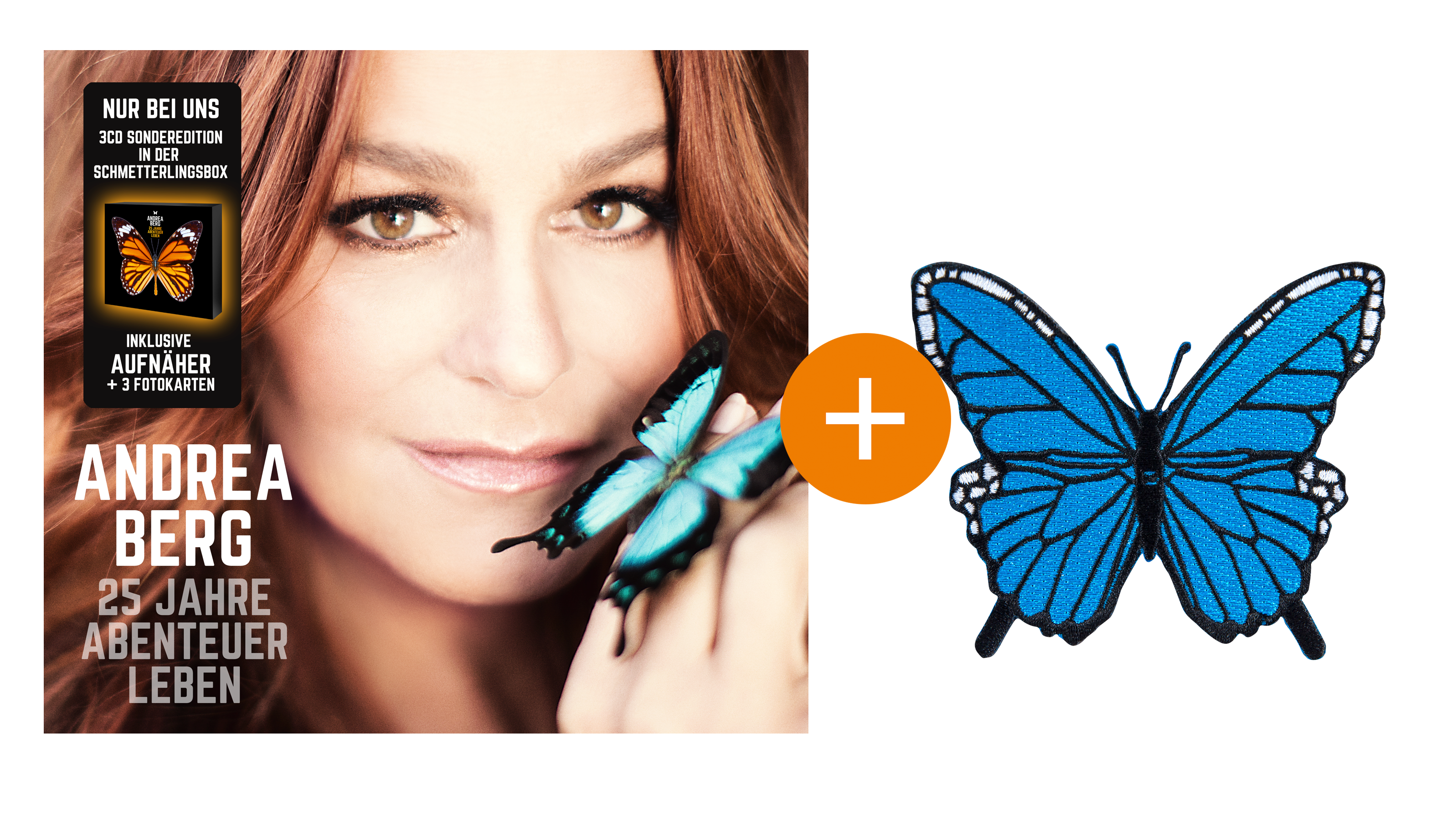 CD-Cover: Andrea Berg, eine Frau mit einem Schmetterling. Ein Aufkleber mit einem Schmetterling ist enthalten.