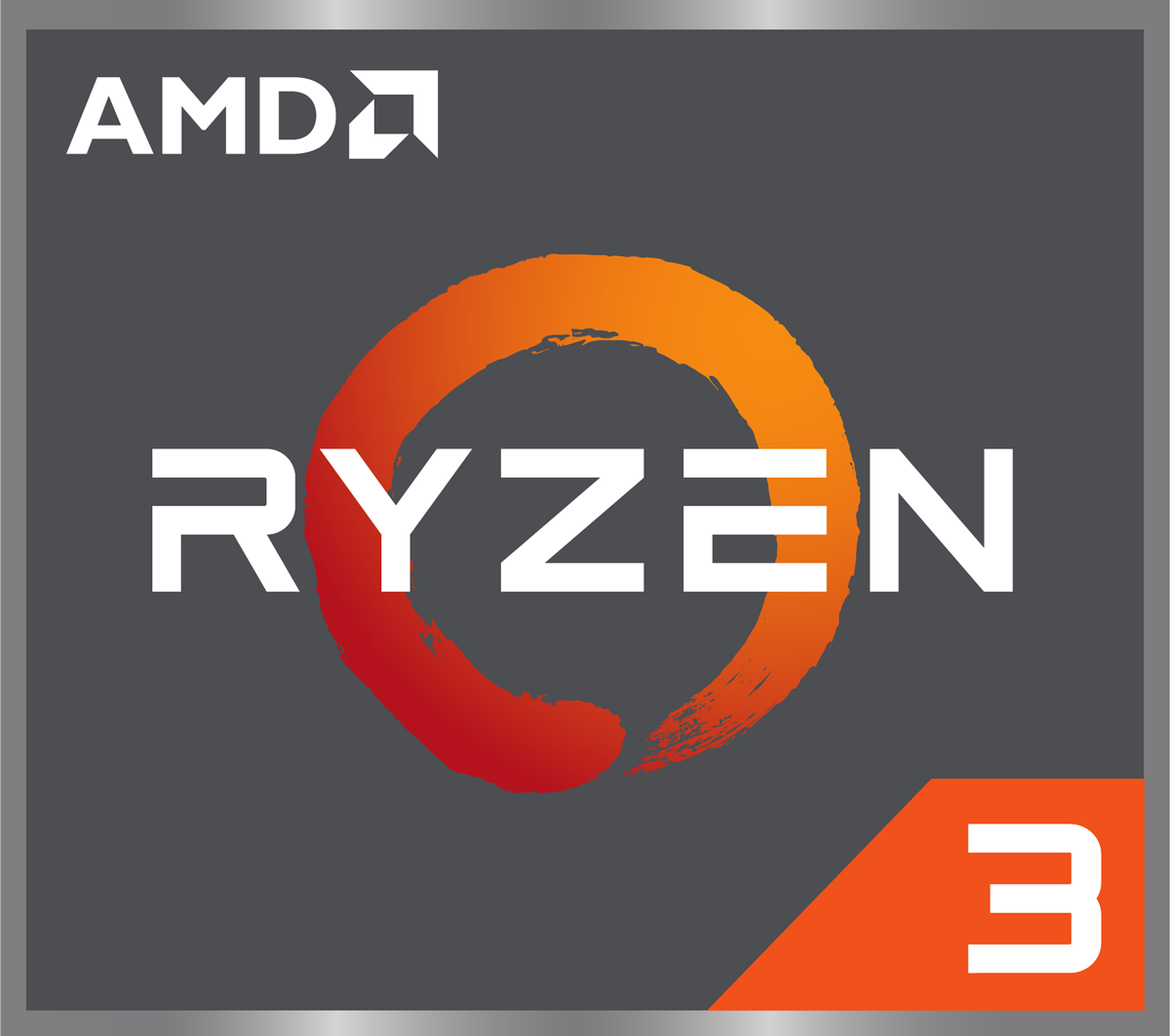 AMD Ryzen 3 Logo. Oranger und weißer Text und Kreis auf grauem Hintergrund.