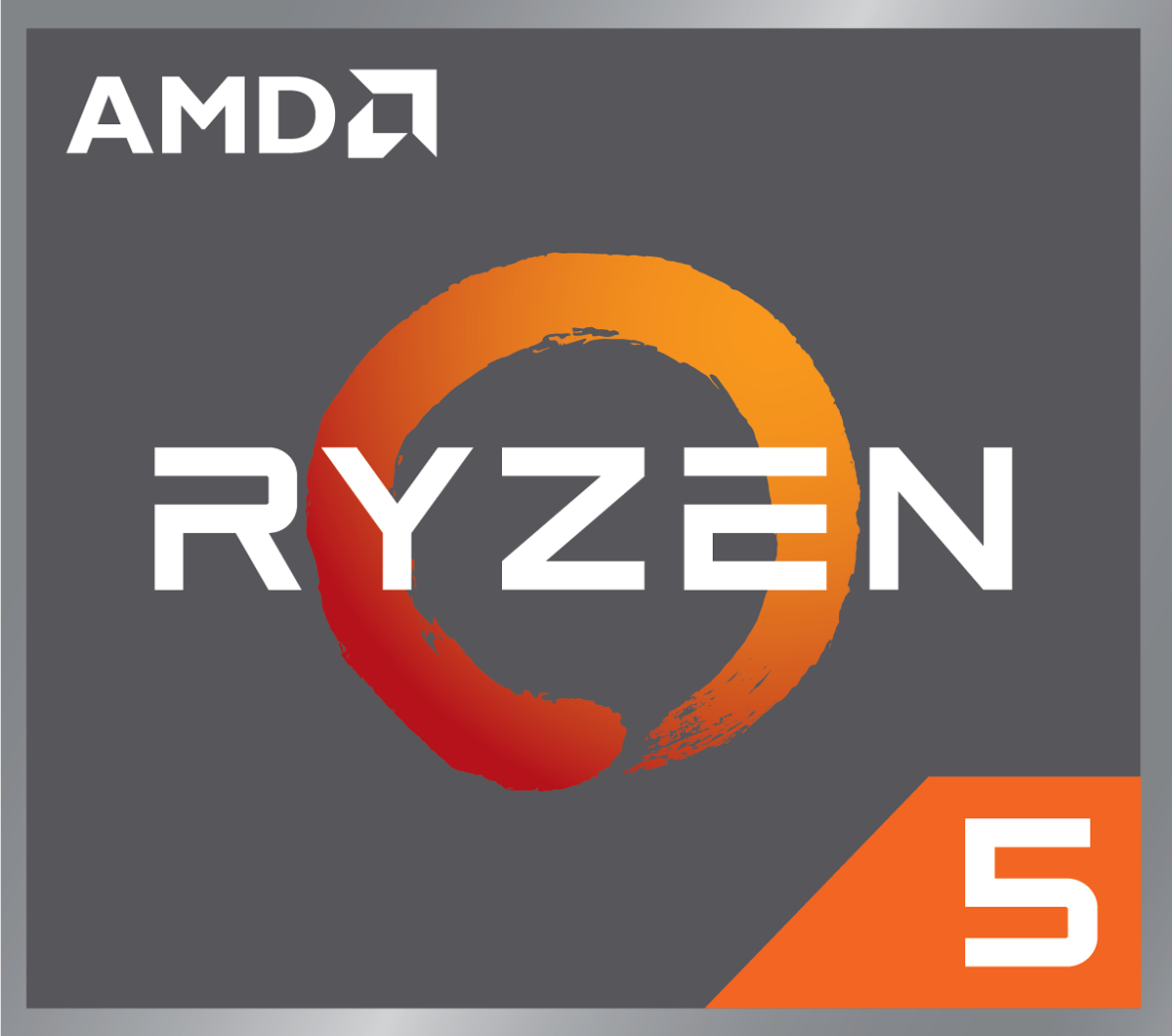AMD Ryzen 5 Logo. Der Text 'RYZEN' in Weiß über einer orangefarbenen 5 mit dem AMD-Logo.