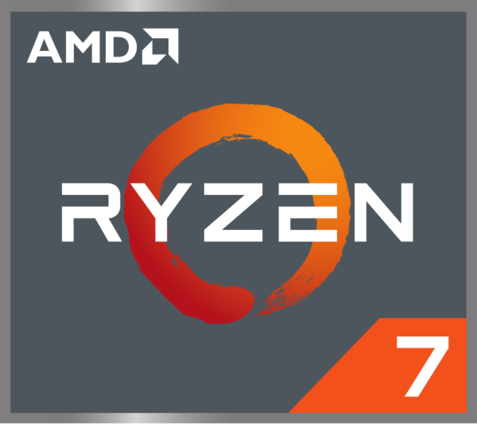 AMD Ryzen 7 Logo, weißer Text, orangefarbener und grauer Hintergrund.