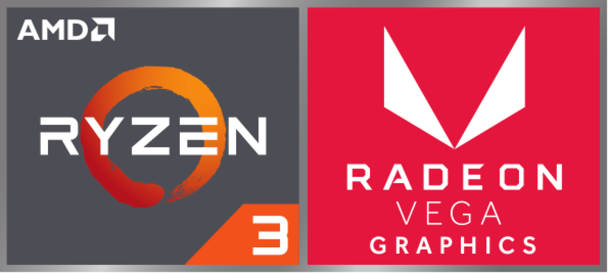 Yan yana iki logo. AMD Ryzen 3 ve Radeon Vega Graphics, gri ve kırmızı zeminlerde.