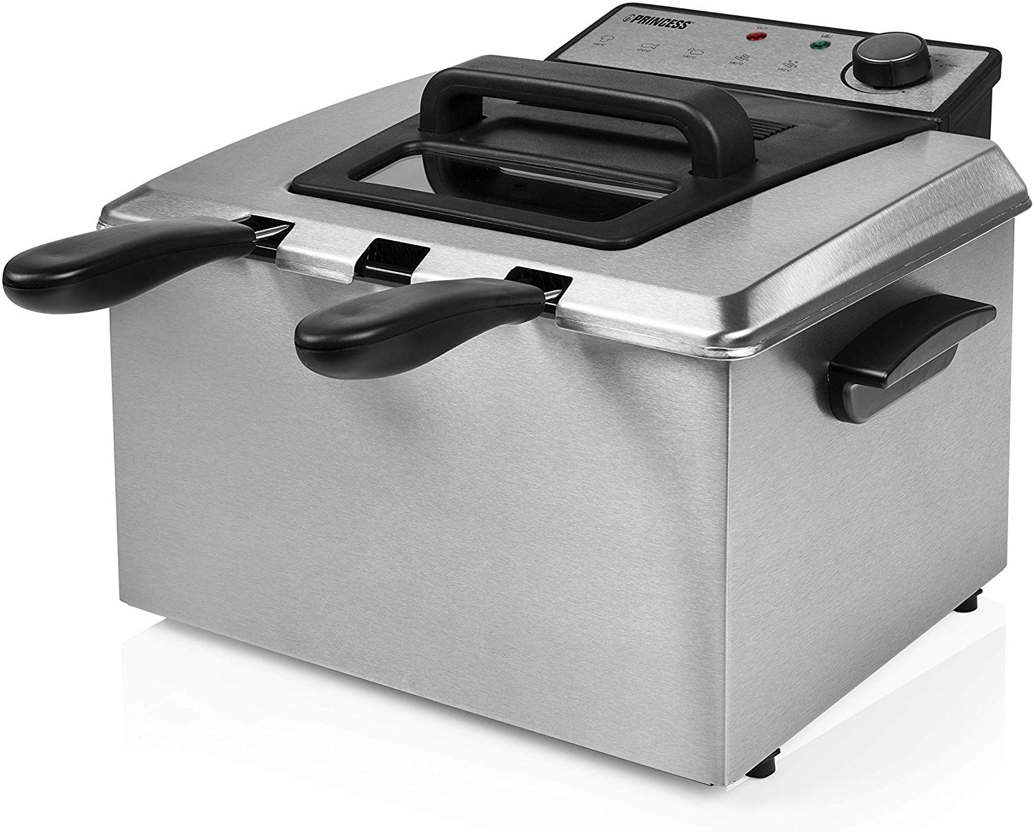 RVS Princess friteuse met zwarte handvatten en bediening.