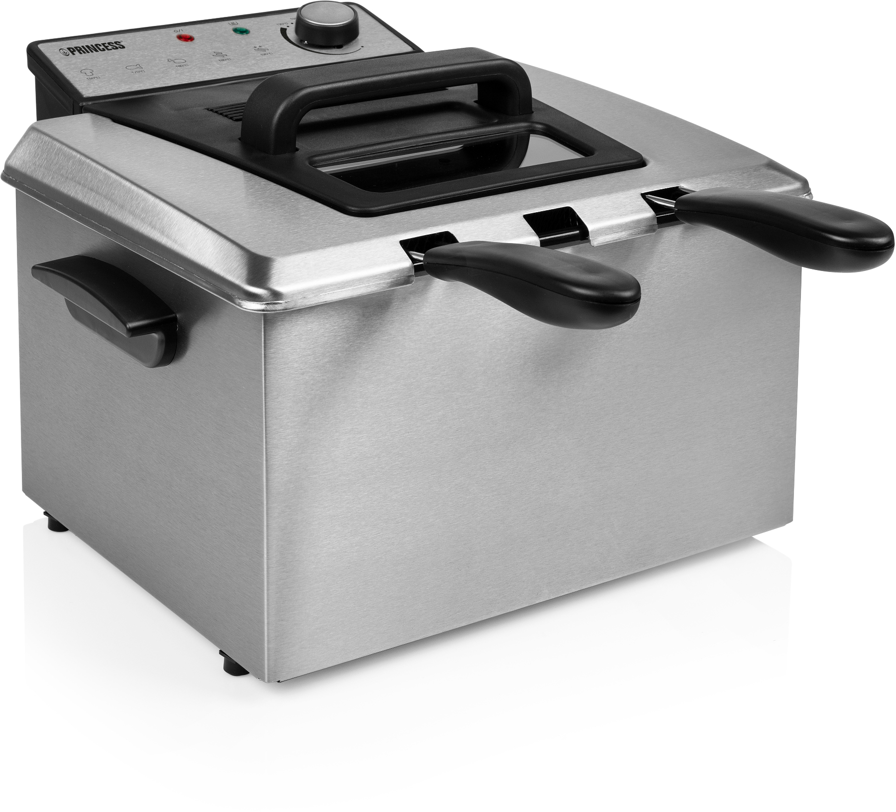 Rvs friteuse met zwarte handgrepen en bedieningspaneel.