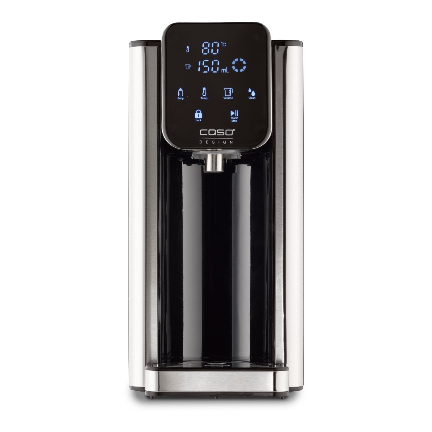Ein silber-schwarzer Wasserspender mit Digitalanzeige, die Temperatur und Volumen anzeigt.