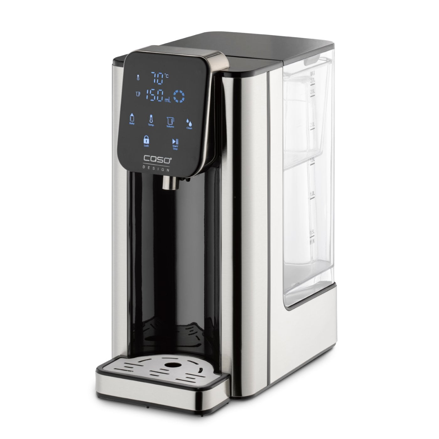 Ein Wasserkocher mit digitaler Anzeige. Edelstahl- und schwarzes Design. Zeigt Temperatur und Volumen.