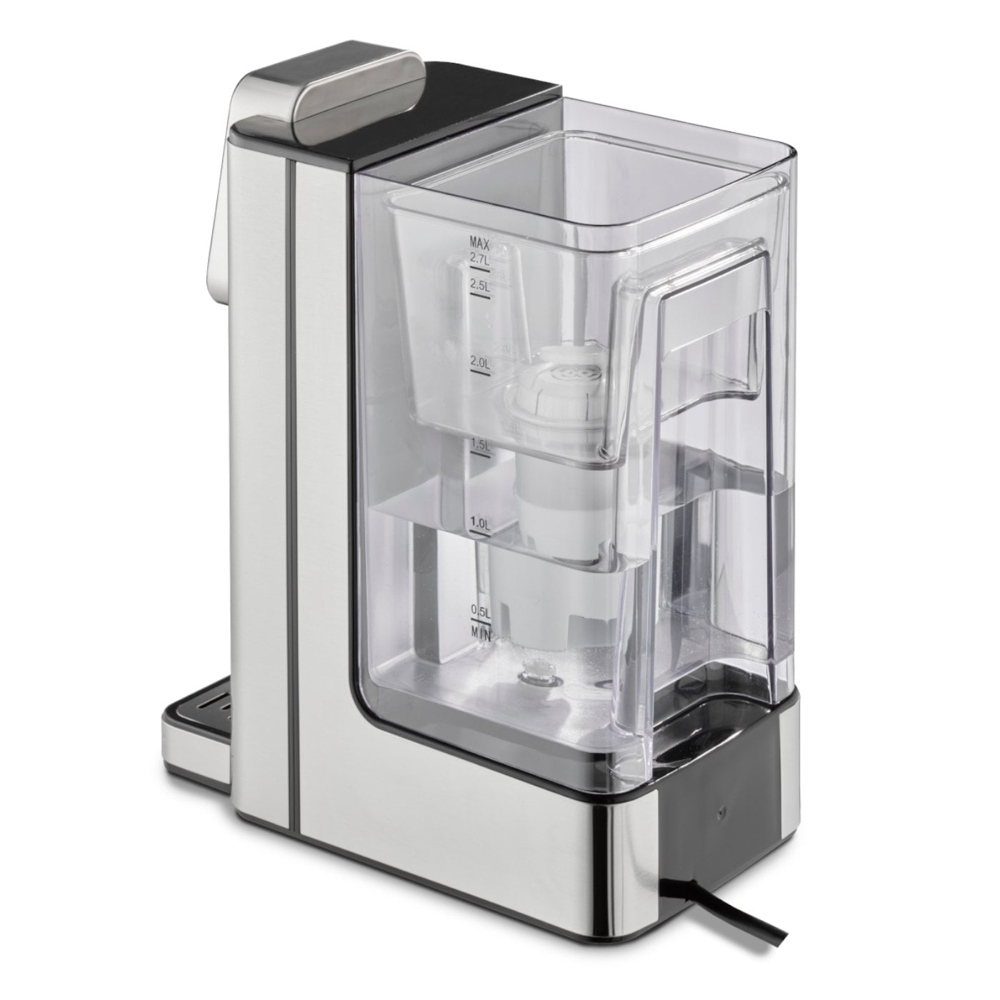 Ein silberner und schwarzer Wasserfilter mit einem transparenten Wasserbehälter.