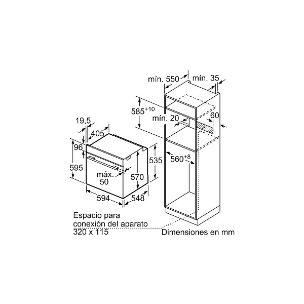 Dibujo técnico de un horno empotrado con dimensiones en mm. El horno se muestra en una vista esquemática.