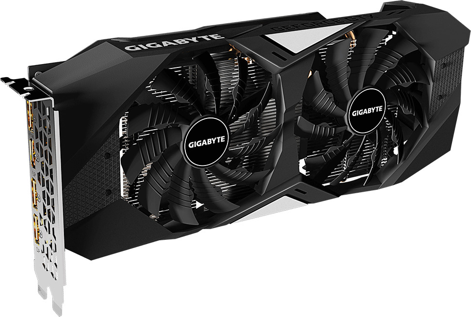 Eine schwarze und silberne Gigabyte-Grafikkarte mit zwei Lüftern.