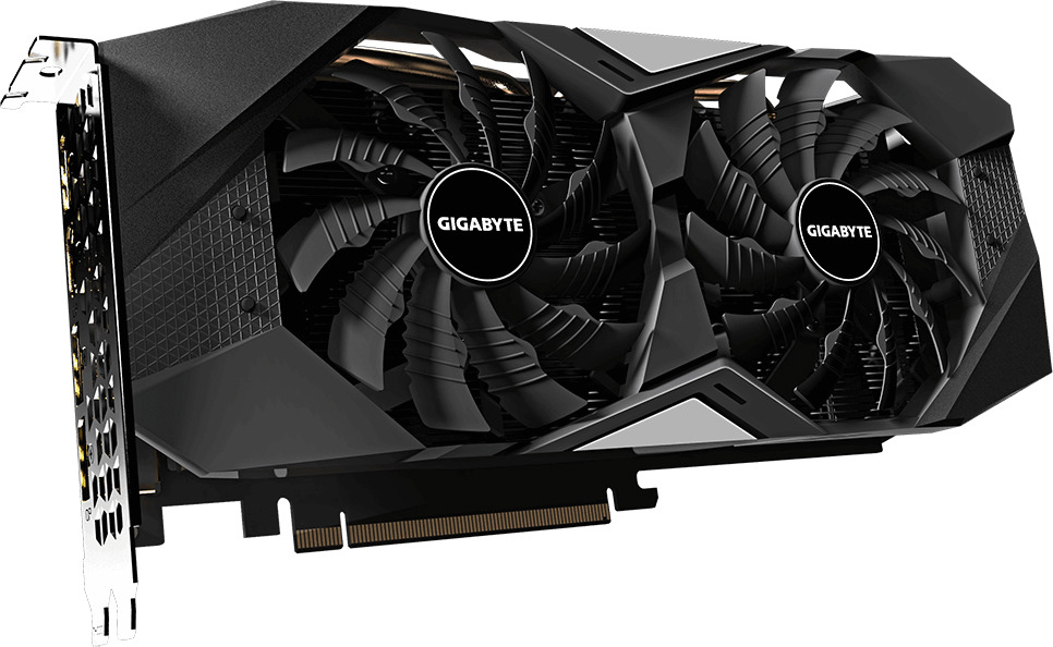 Schwarze und dunkelgraue Grafikkarte mit zwei Lüftern und dem Gigabyte-Logo. Nahaufnahme.