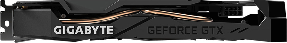 Schwarze Gigabyte GeForce GTX Grafikkarte, Seitenansicht.