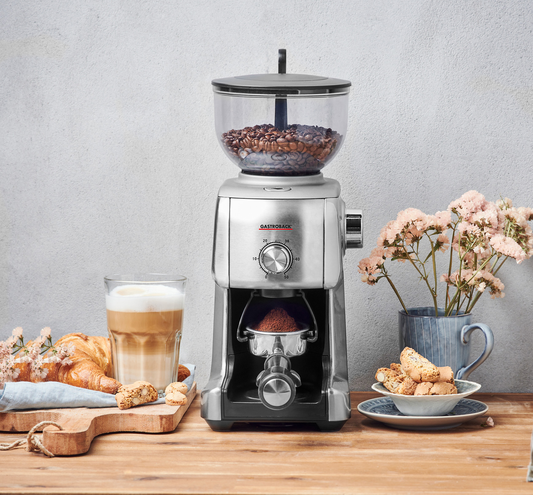 GASTROBACK Design Advanced Plus Kaffeemühle Silber 130 Watt, Edelstahl-Kegelmahlwerk
