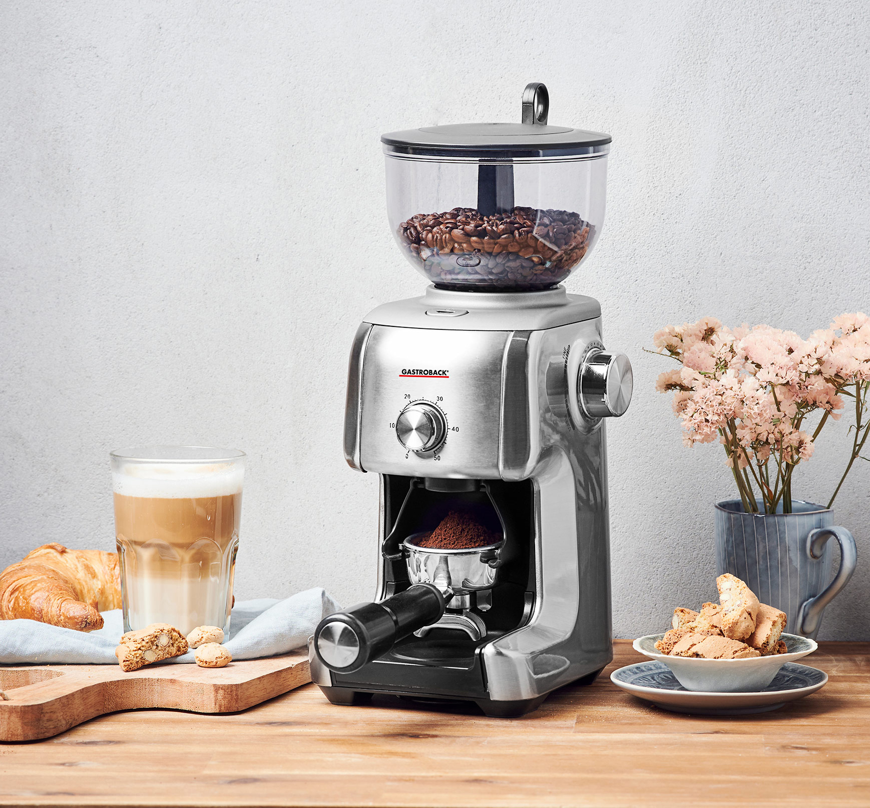 GASTROBACK Design Advanced Plus Kaffeemühle Silber 130 Watt, Edelstahl-Kegelmahlwerk