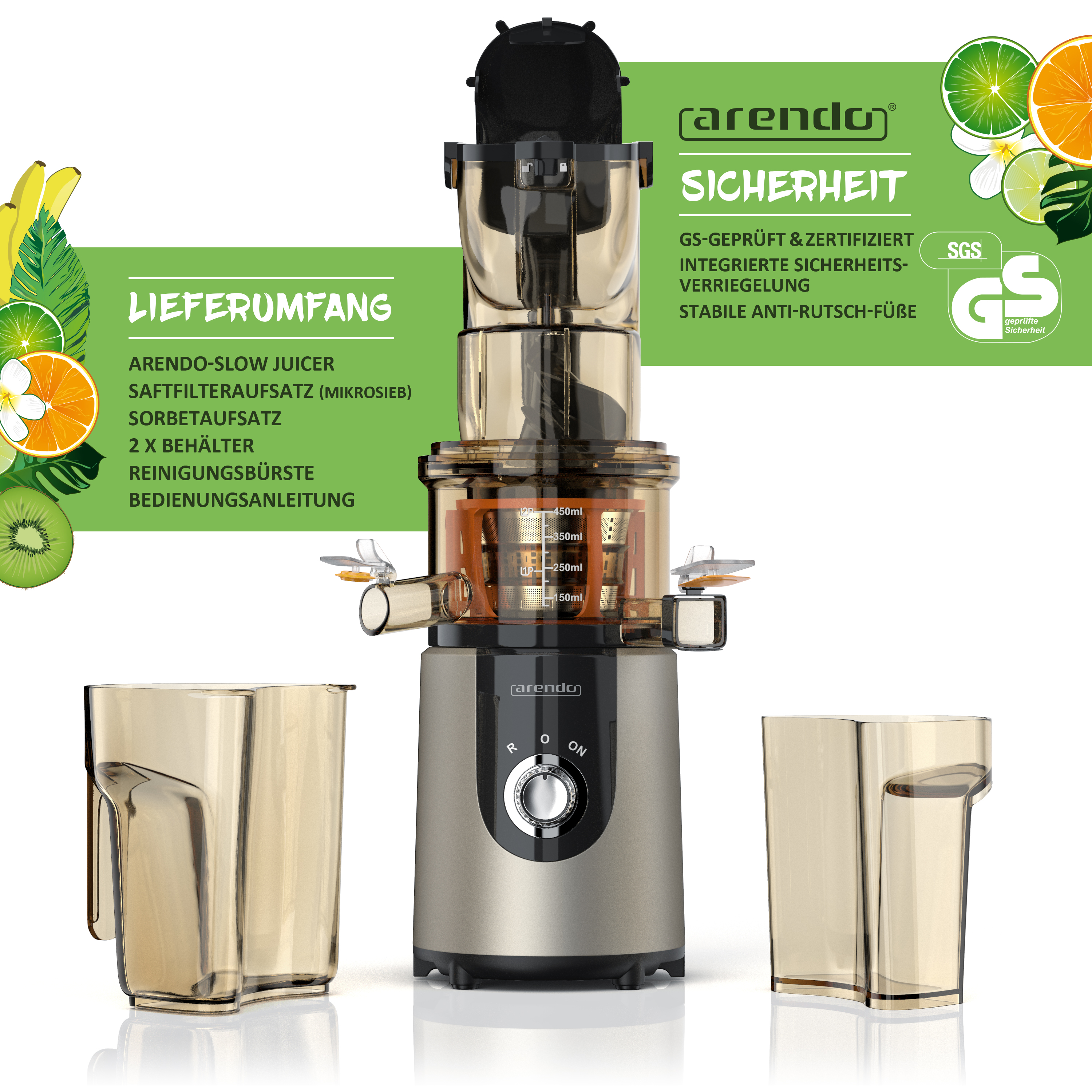 ARENDO 303154 Slow Juicer 200 Watt, Grau
