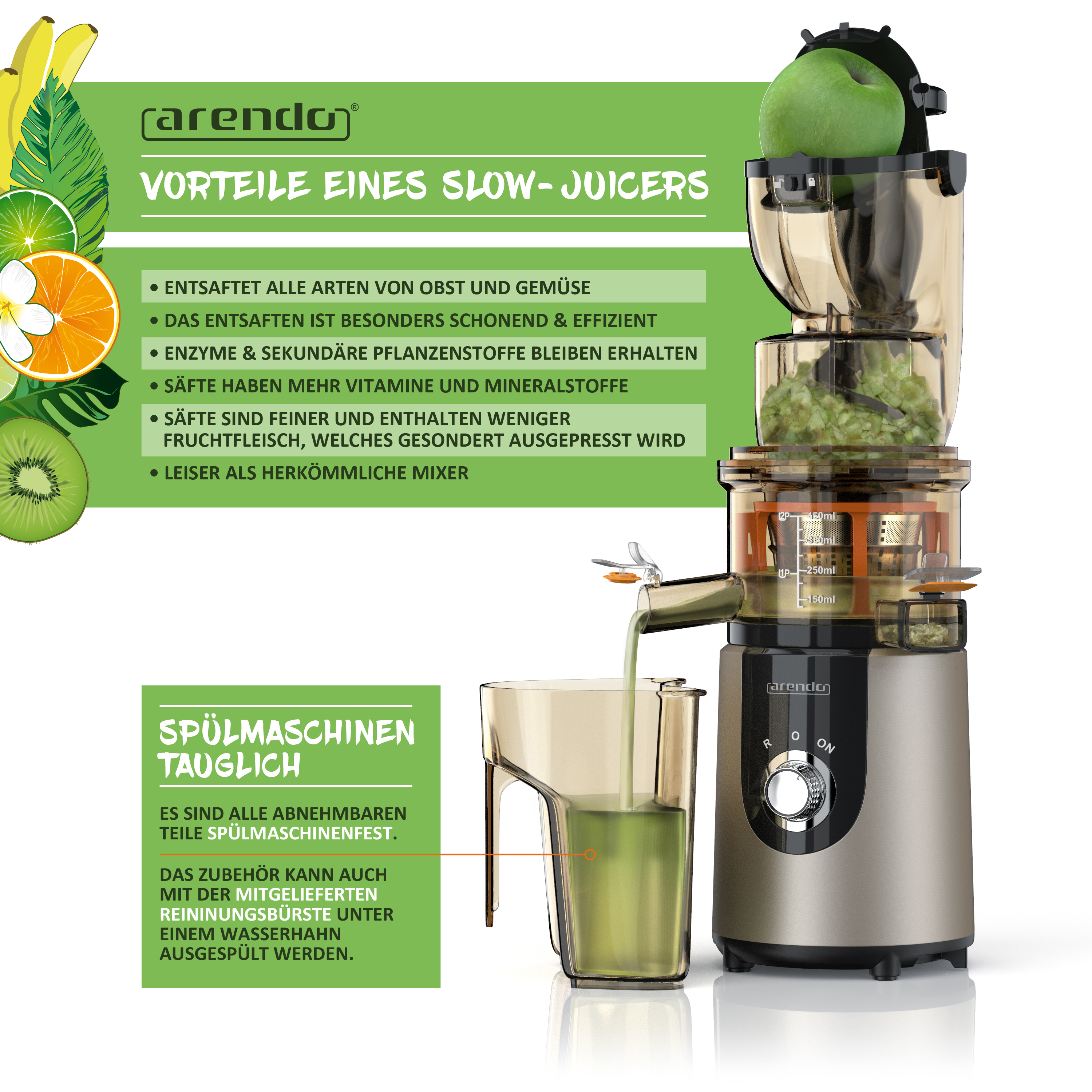 ARENDO 303154 Slow Juicer 200 Watt, Grau