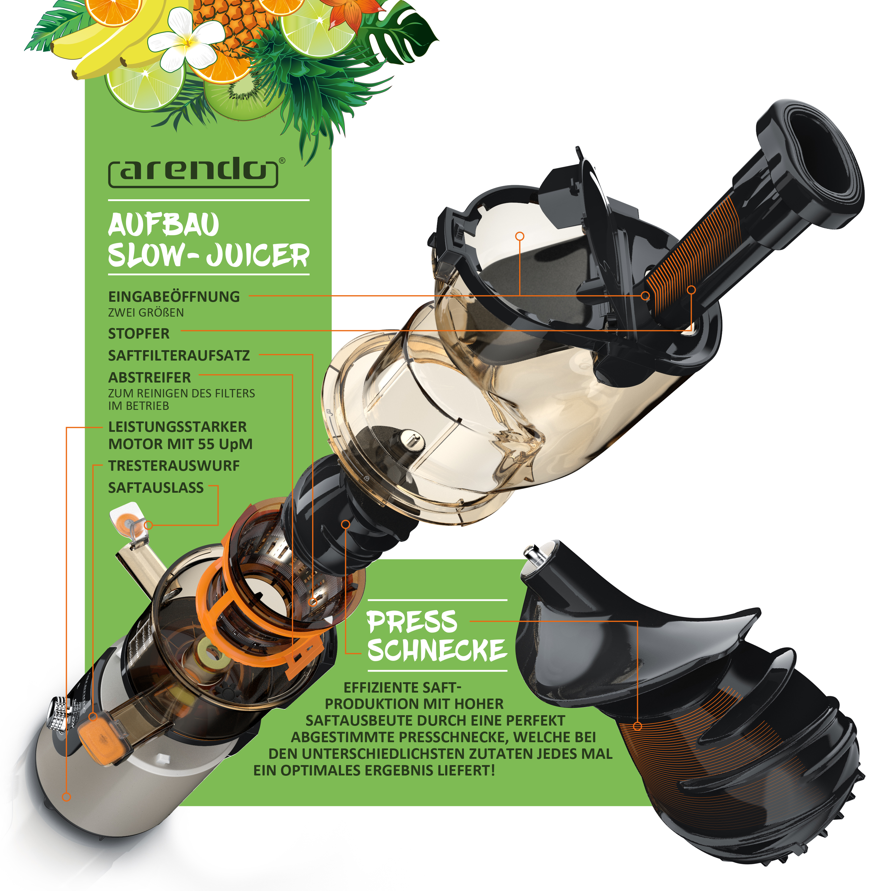 ARENDO 303154 Slow Juicer 200 Watt, Grau