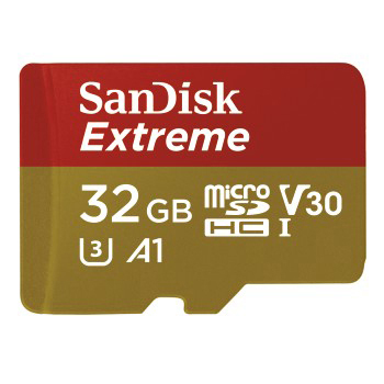 Rote und goldene microSD-Karte. 'SanDisk Extreme' und andere Infos sind gedruckt.