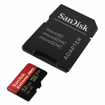 SD-Kartenadapter und eine kleinere rot/schwarze microSD-Karte. Beide haben schwarze Oberflächen und weißen Text.