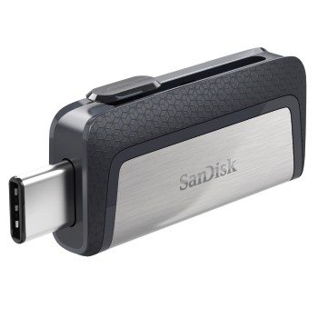 Grau-silberner SanDisk USB-C-Flash-Laufwerk, Stecker und Gehäuse zeigend.