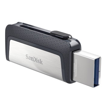 Silber-grauer Sandisk USB-Stick mit blauem Anschluss.