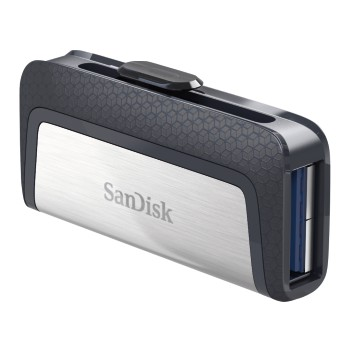 Ein grauer und silberfarbener USB-Stick mit dem Sandisk-Logo.
