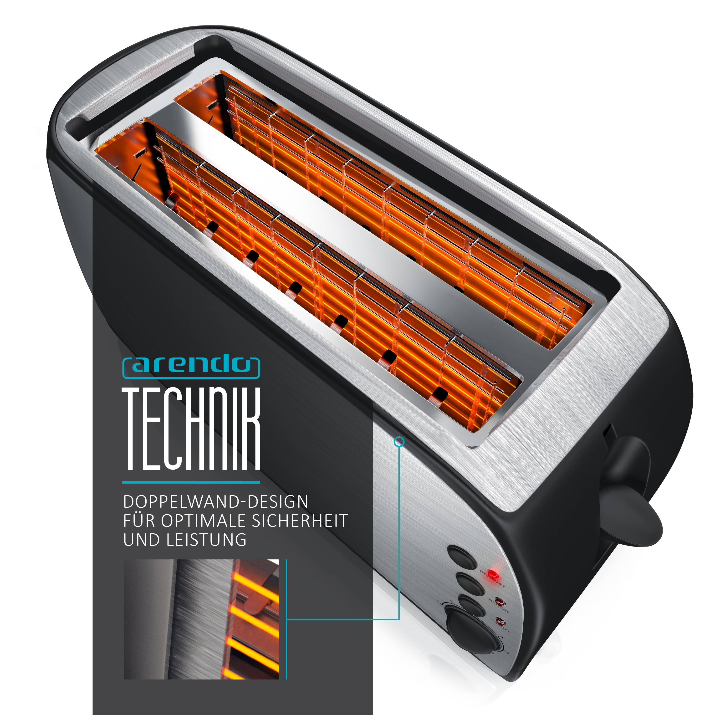 ARENDO 301829 Dejeuner Toaster Silber/Schwarz (1500 Watt, Schlitze: 2)