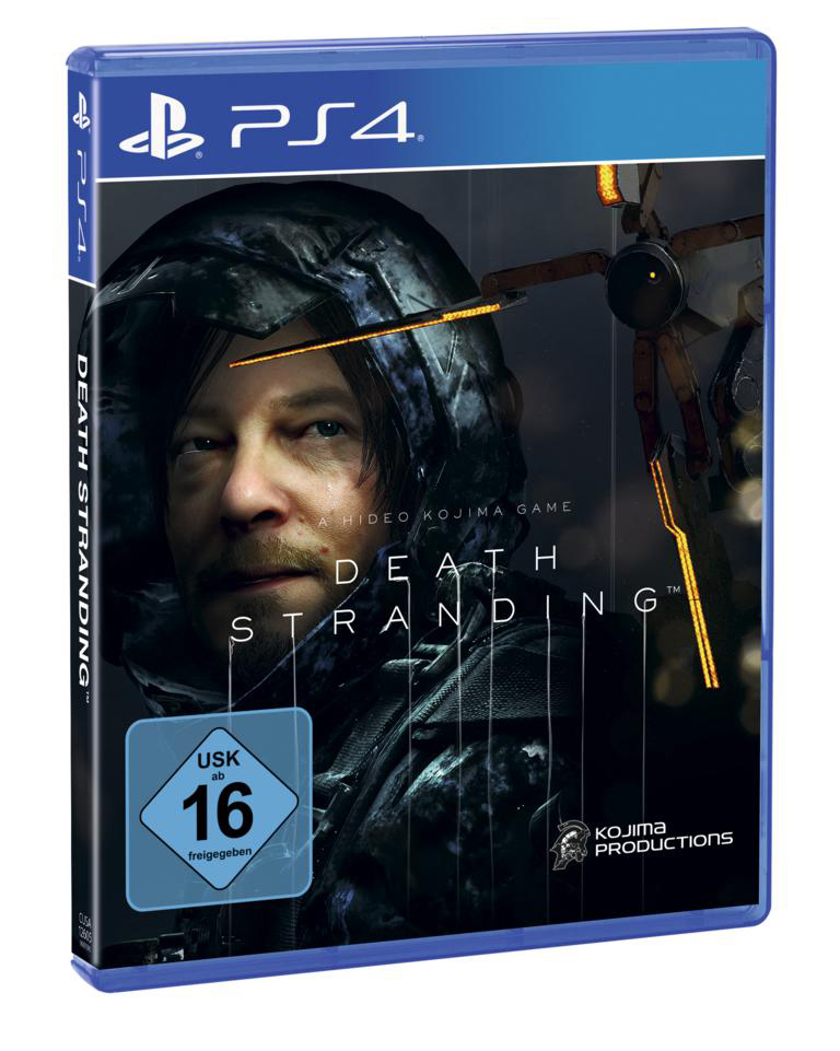 Eine PS4-Spielhülle für 'Death Stranding' zeigt einen Mann in einem Kapuzenmantel. Der Titel ist sichtbar.