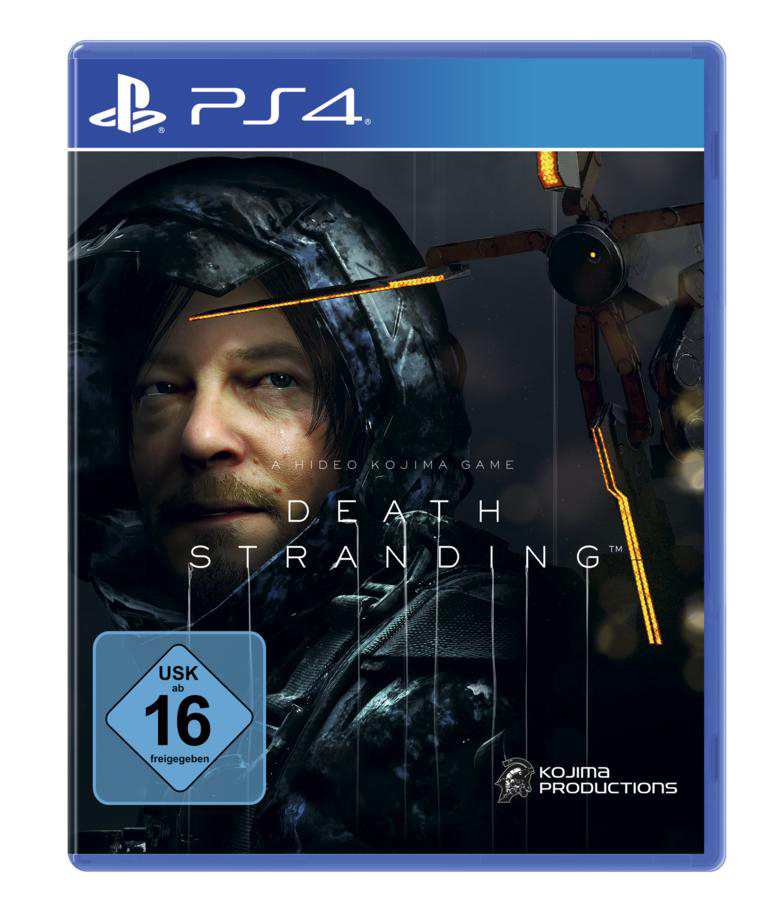 PS4-Spielecover für 'Death Stranding'. Zeigt einen Mann mit Kapuze und futuristischem Hintergrund.