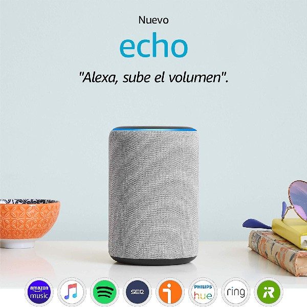 Nuevo altavoz Amazon Echo, gris y azul, con Alexa en la parte superior.
