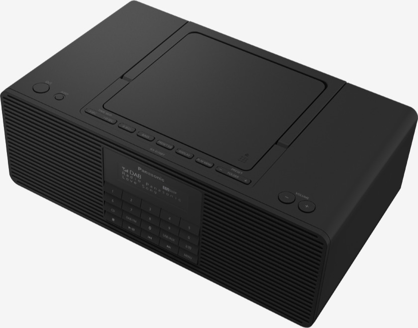 Ein schwarzes Panasonic-Radio mit CD-Player und Display.