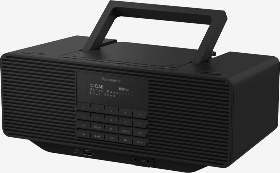 Ein schwarzes Panasonic DAB-Radio mit Griff und Display, das 'Love Song' anzeigt. Es hat Knöpfe und Anschlüsse.
